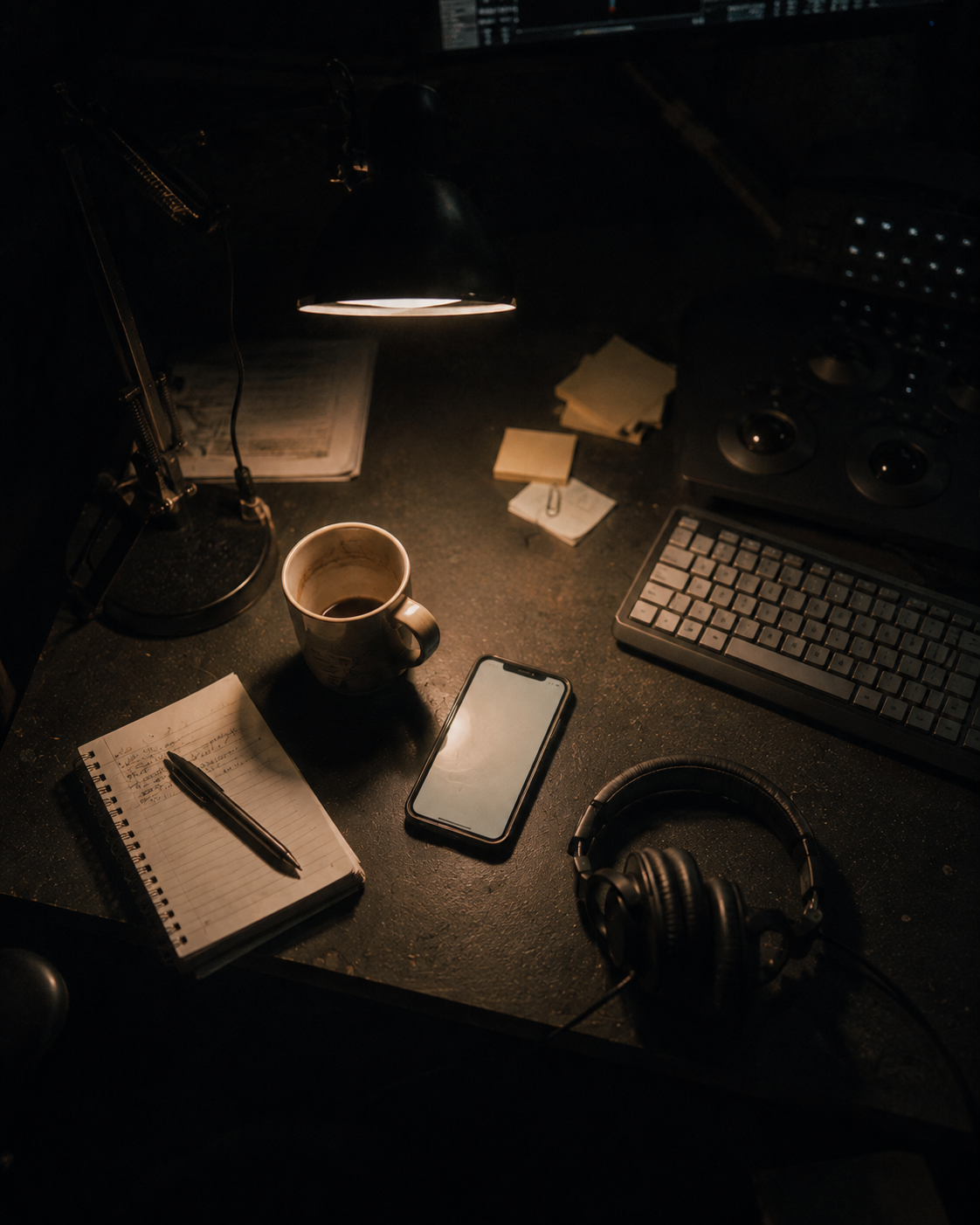 A dark edit suite desk with a notebook, mug and headphones under a lamp