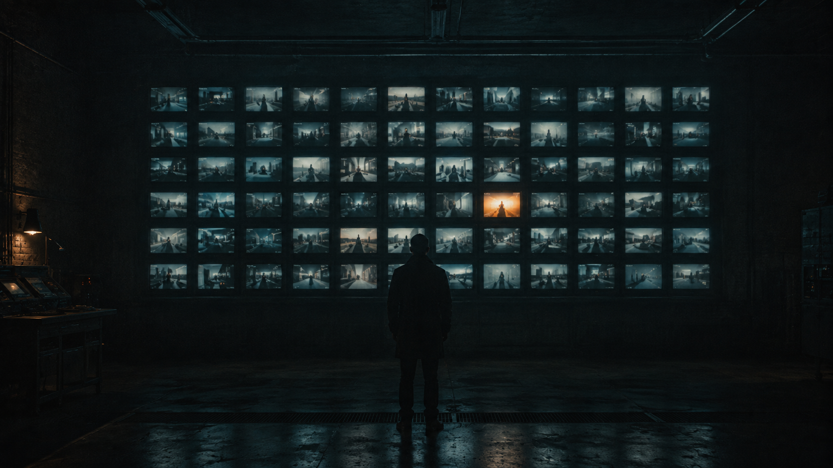 A wall of monitors in a dark suite