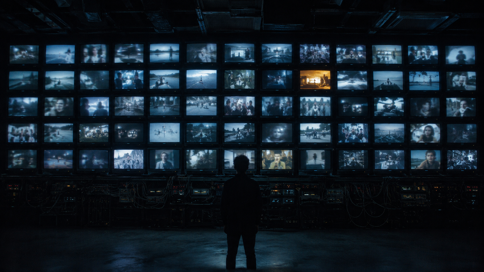 An editor silhouetted against a wall of monitors in a dark broadcast suite