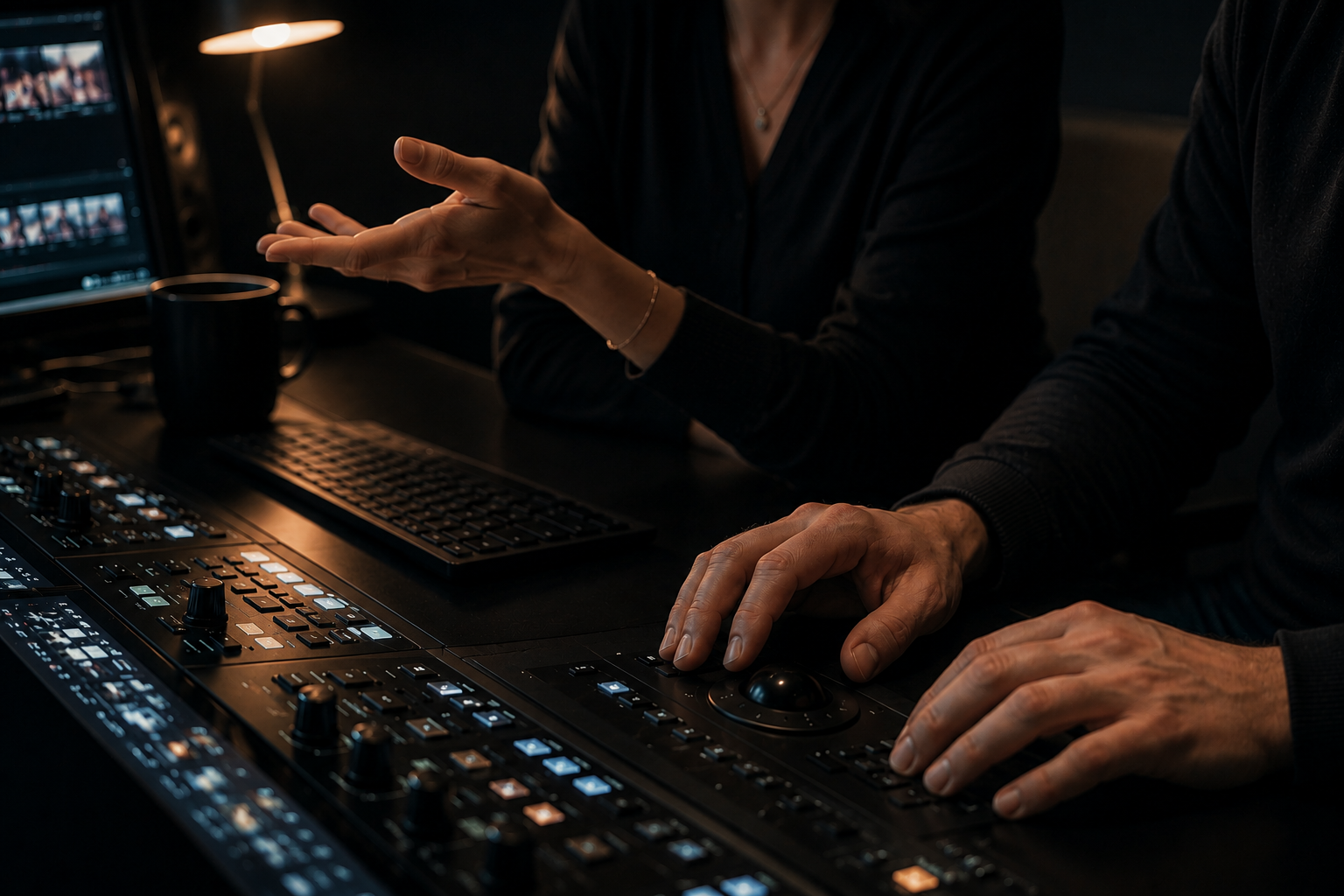 Two people's hands working a professional editing console