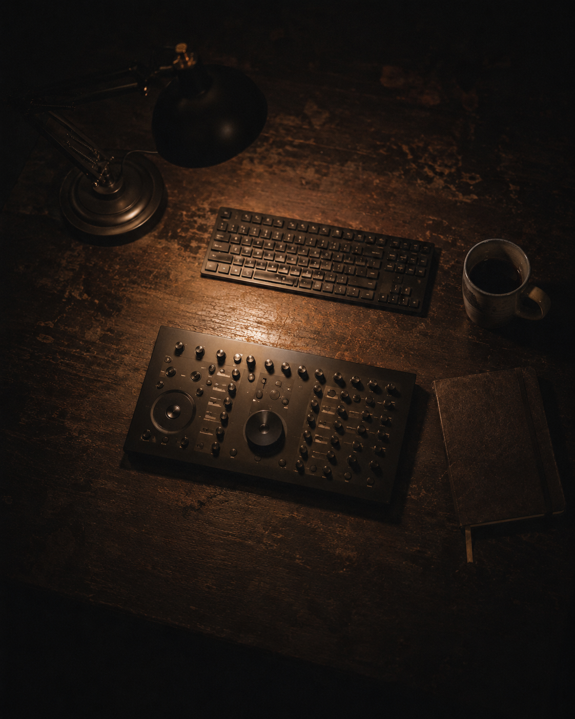 An edit desk at night, lit by a single lamp