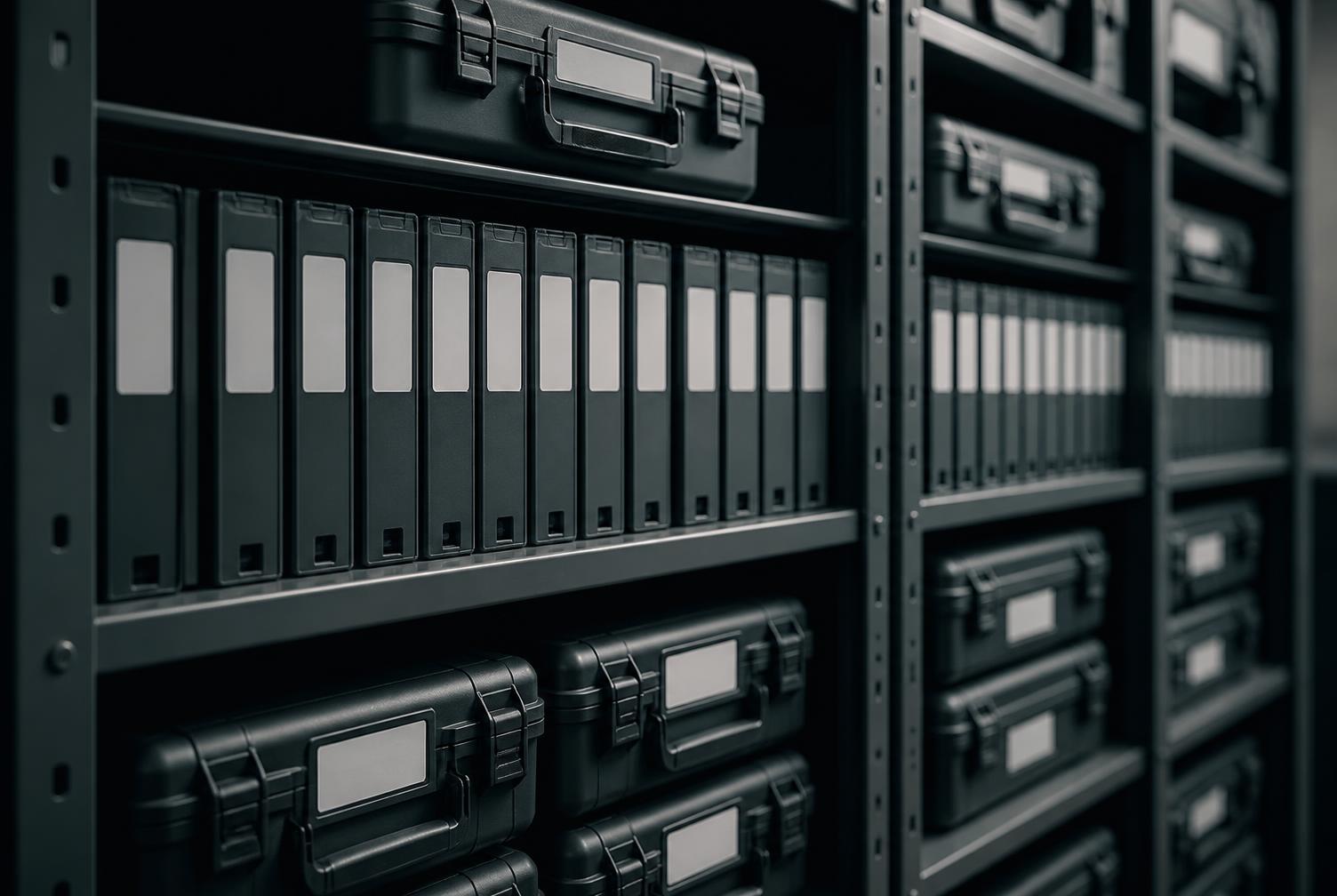 A rack of labelled media drives and cases in a machine room